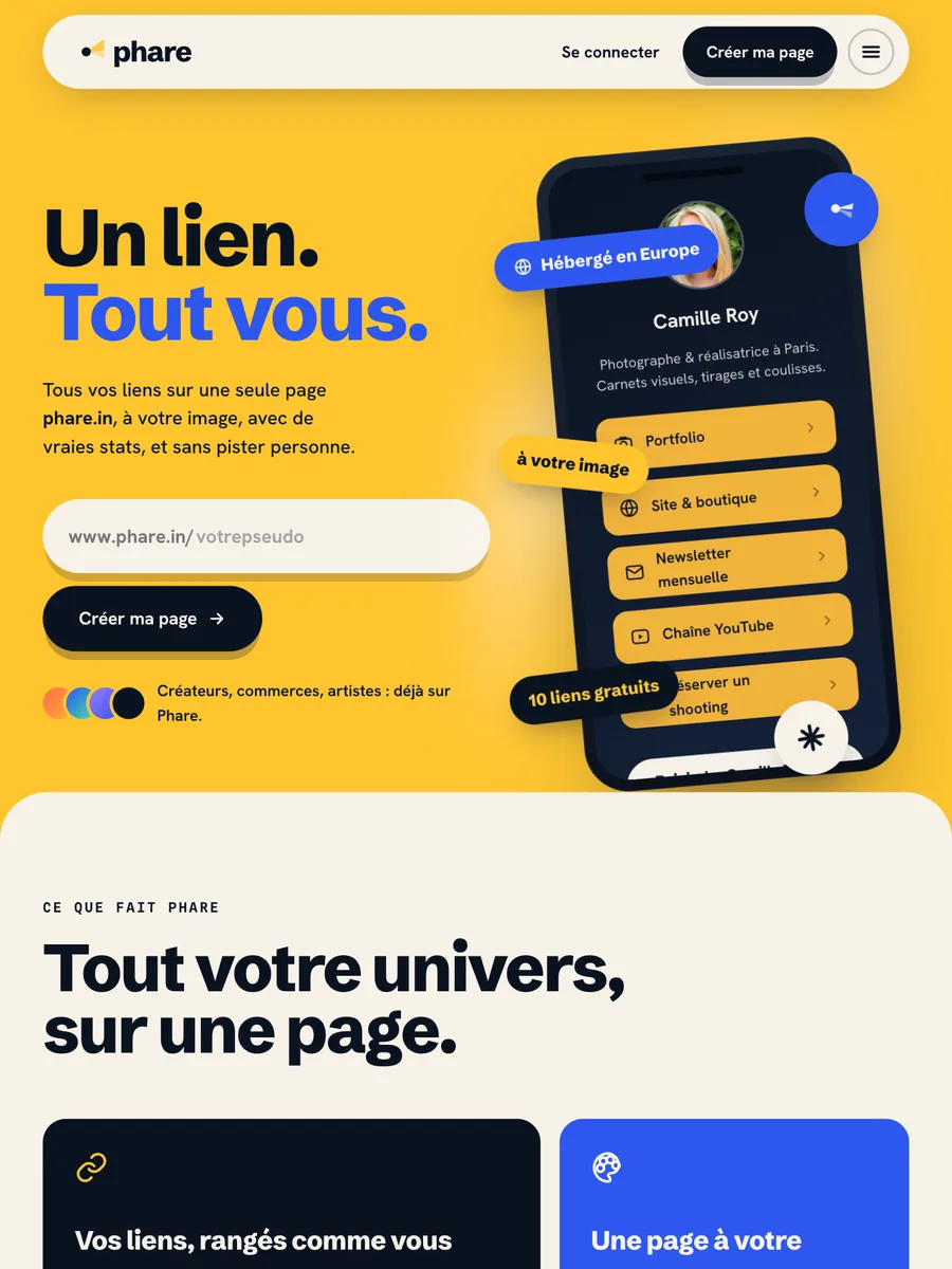 Page d'accueil de Phare, la page de liens sans tracking
